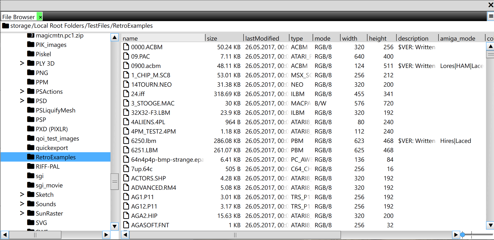 File Browser panel in details view, showing a folder tree on the left and a sortable metadata table on the right