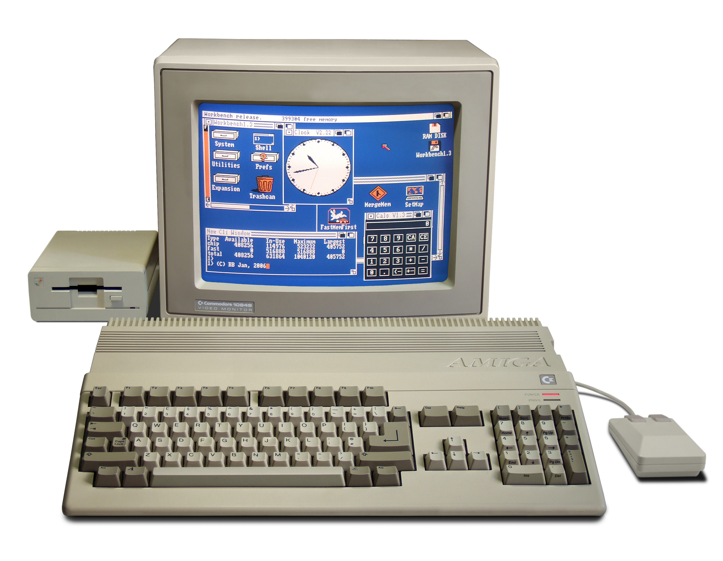 A Commodore Amiga 500 computer with keyboard, mouse, external floppy drive, and a Commodore 1084S monitor