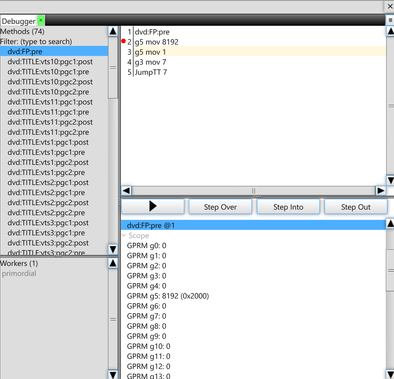 Debugger panel stepping through a DVD First-Play program