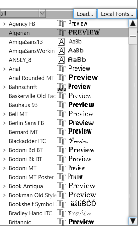 Font picker popup