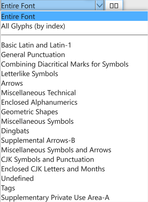 Glyphs panel category drop-down listing Entire Font, All Glyphs, and Unicode block categories