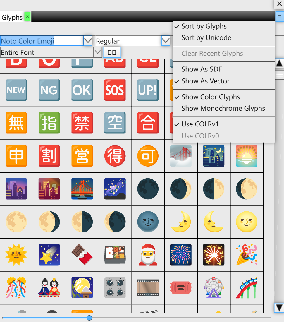 Glyphs panel showing Noto Color Emoji with the options menu open
