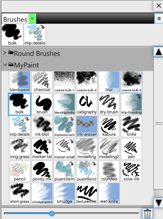 The Brushes panel with the MyPaint group expanded, showing bundled brushes: blend+paint, charcoal, coarse-bulk, blur, bulk, brush, blending-knife, calligraphy, dry-brush, imp-blending, imp-details, ink-blot, impressionism, ink-eraser, kabura, knife, long-grass, marker, modelling, pen, pencil, pointy-ink, puantilism, rounded, slow-ink, short-grass, smudge+paint, smudge, textured ink, wet-knife