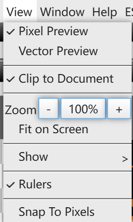 View menu showing Pixel Preview and Vector Preview options